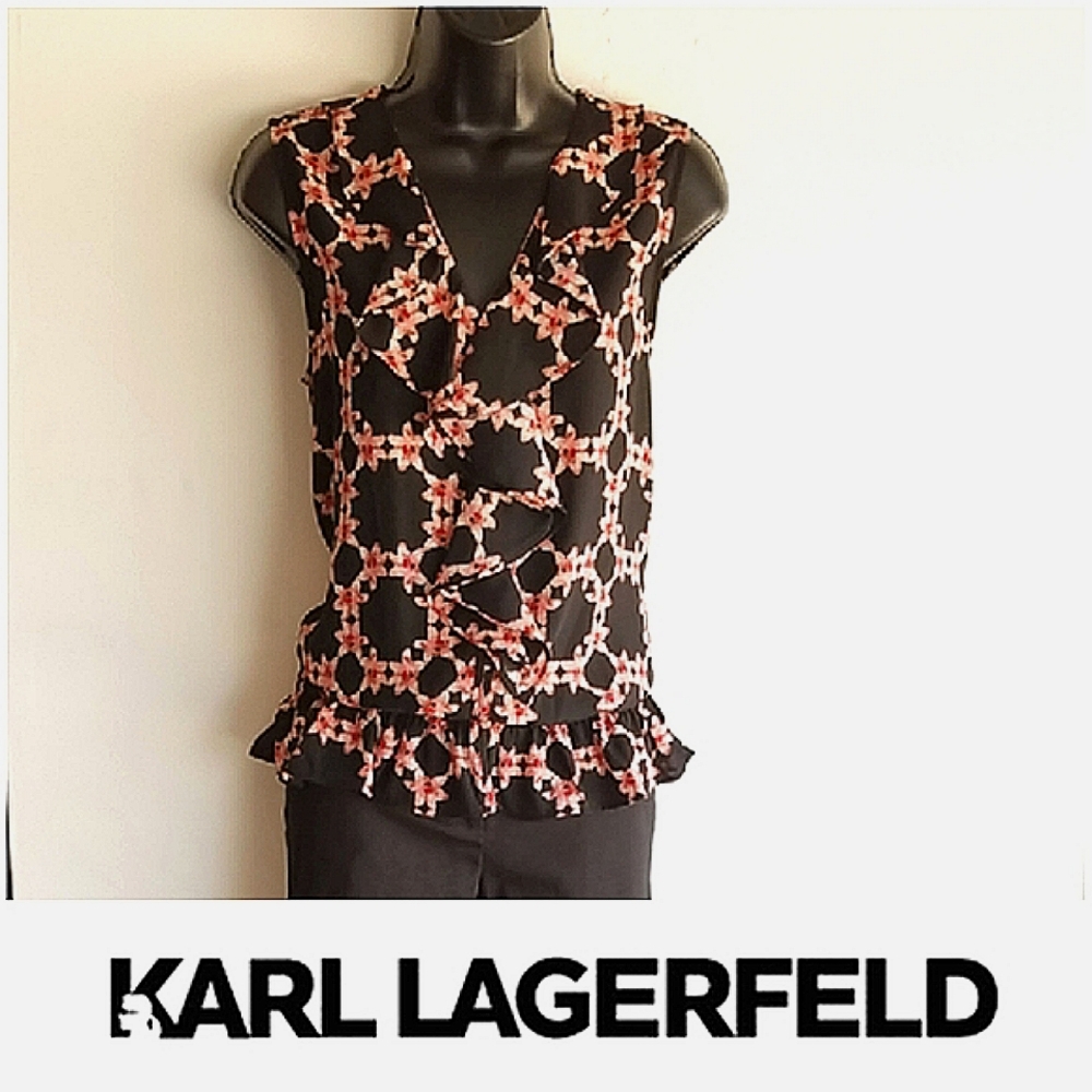 Karl Lagerfeld Paris Sleeveless Floral Ruffle Blouse